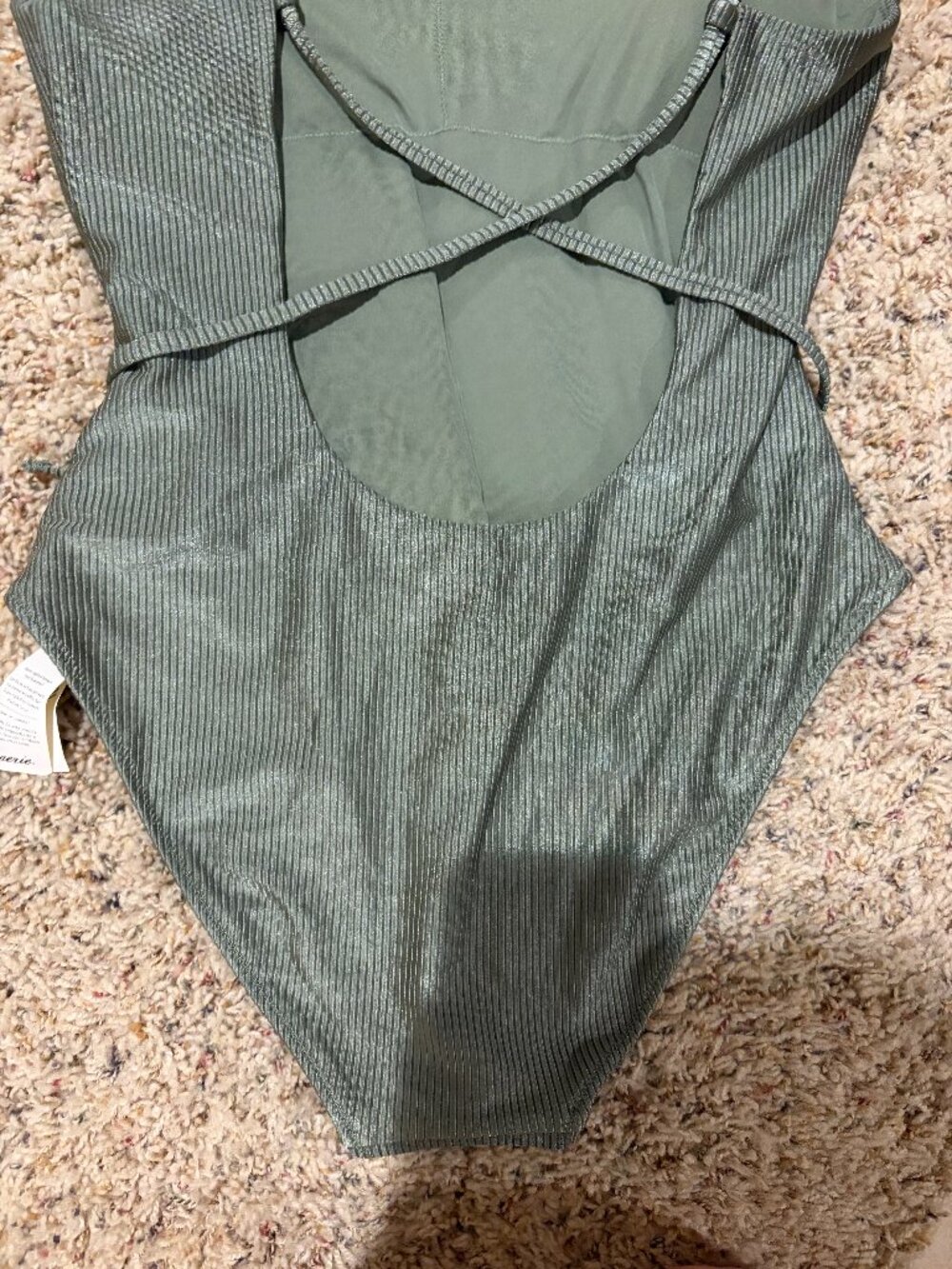 Aerie Shine Ribbed Strappy Scoop Olive Green One Piece Wrap Around Tie Swimsuit - Picture 11 of 11